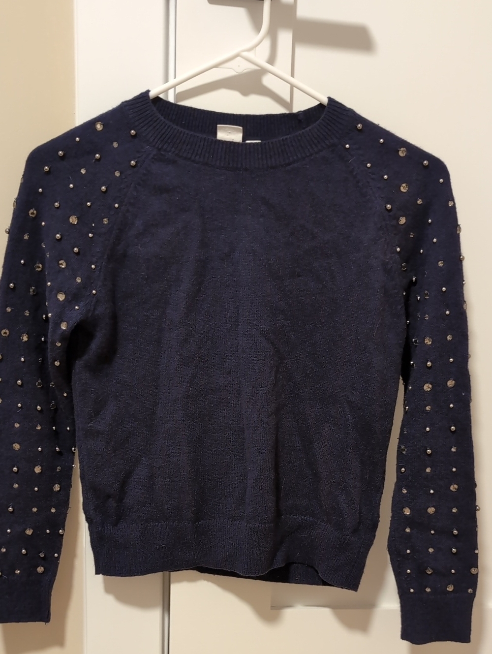 GAP Navy Crewneck Sweater with Studded Rhinestone Sleeve Detail
